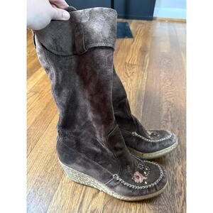 Report y2K Ataani Brown Suede Mid Calf Espadrille Boots Size 7